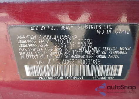 2013 Subaru Impreza 2.0I Limited из США, поврежденный, VIN JF1GJAG62DH003085